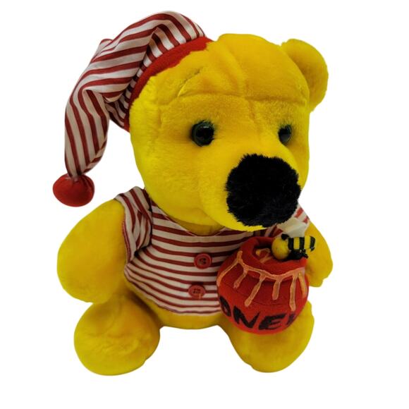 Winnie the Pooh Bear Plush Toy in Night Shirt and Cap with Barrel of Honey & Bee - Picture 1 of 8